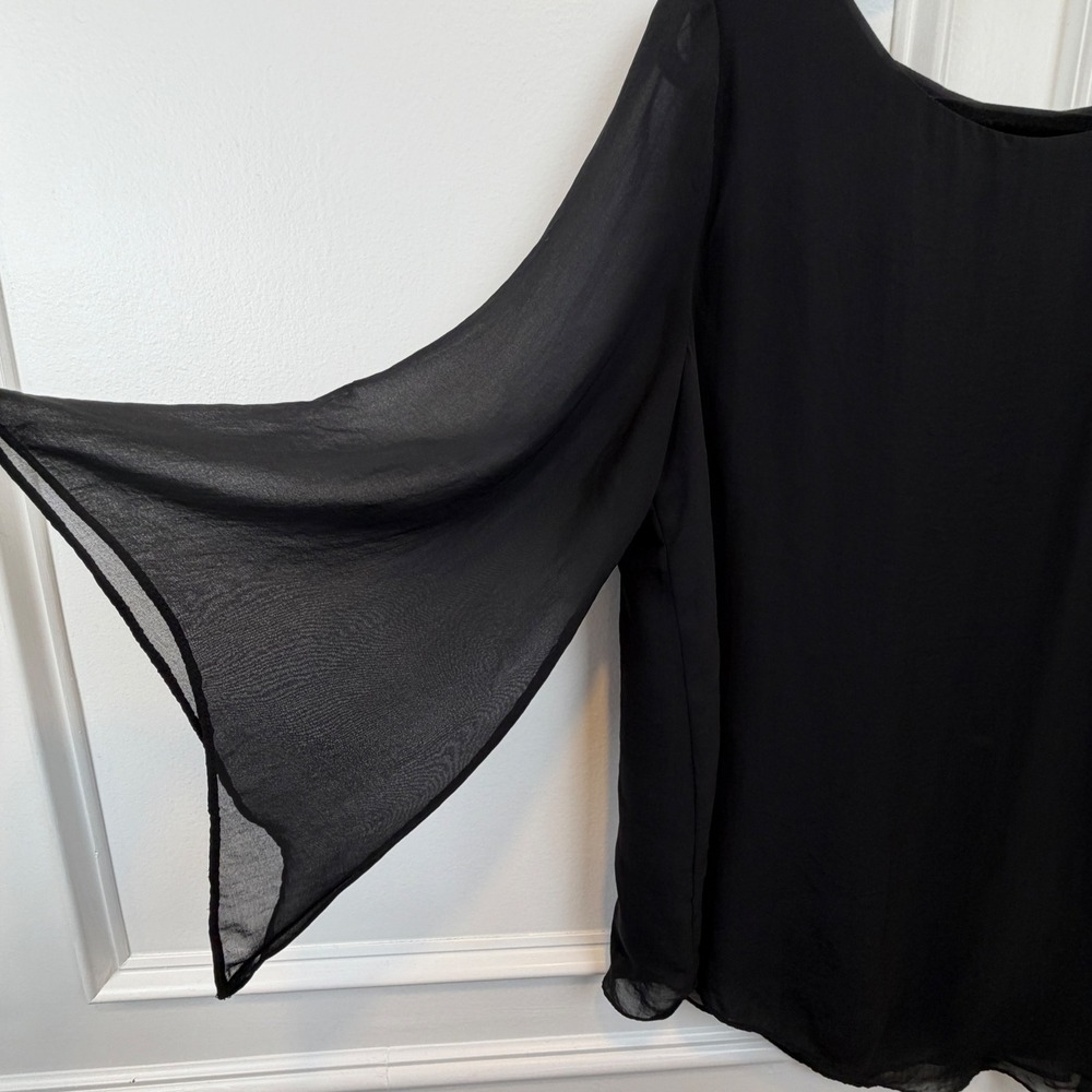 Chicos Black Chiffon Asymmetrical Bell Sleeve Blouse Top 2P Petite
